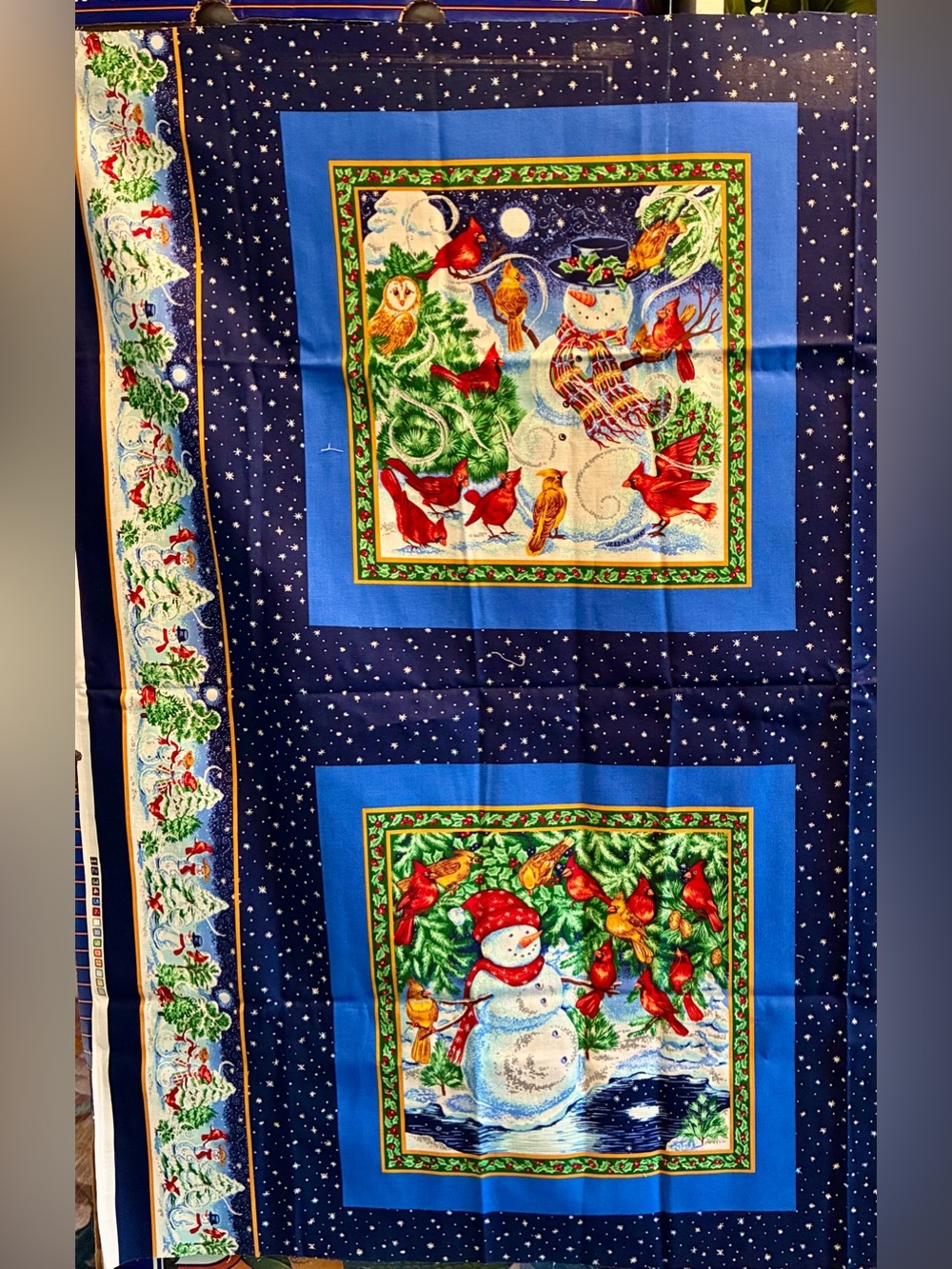 Festive Snowman Panel Fabric - Blue Holiday Print